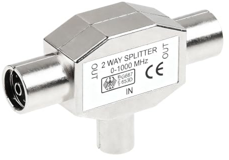 Antennen-Verteiler, T-Kupplung Zweigeräte-Verteiler, Antennenverteiler für TV für analoges und digitales Kabelfernsehen, 1 Stecker auf 2 Buchse, Silber