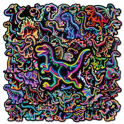 ZingBox 50 Stück Dino Sticker Set Neon Dinosaurier Aufkleber Wasserfest für Kinder Jungs Mädchen Deko für Laptop Fahrrad Helm Kindergeburtstag Dino Party Zubehör, 3-6cm Dinosaurier Sticker, Dinos Deko