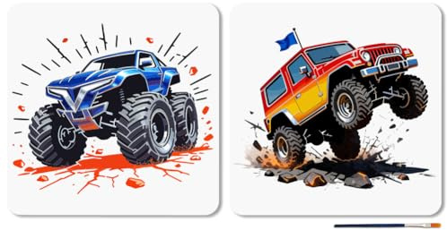 MAYJOYDIY 2 Pcs Monster Truck Stencils Reusable Vehicle Stencil for Painting 30x30cm Off-Road Car Drawing Template with Paint Brush for Wall Furniture Canvas Scrapbook Decoration