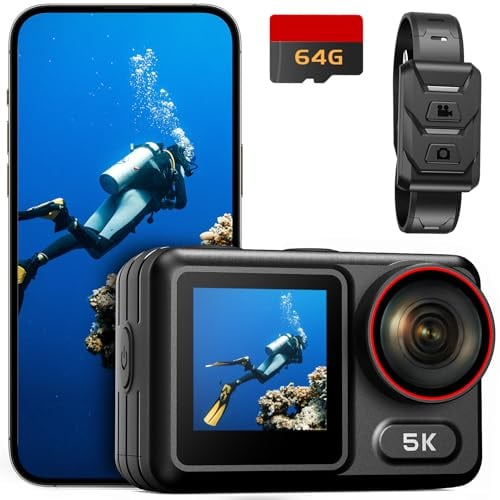 syndesmos Wasserdicht Action Cam 5K 30FPS, Dual-Touchscreen, 64MP Ultra HD-Unterwasserkamera, EIS Anti-Shake Outdoor Vlog Kamera, IMX386 12MP Sensor, 1350 mAh, 64 GB Karte, Fernbedienung und Kit