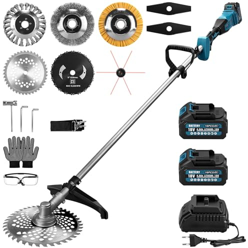 1380W Akku Rasentrimmer mit 2*4Ah Akkus und Ladegerät, 7-In-1 Akku Freischneider mit Bürstenloser Motor, 18800U/min Elektrisch Rasentrimmer mit 7 Rasenmäh-Werkzeuge für Höfe, Gärten und Gehwegkanten