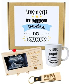 Regalo Día del Padre Futuro Papá – Pack Sorpresa para Anunciar Embarazo – Taza Futuro Papá Cargando, Marco para Ecografía y Llavero – Regalo Original