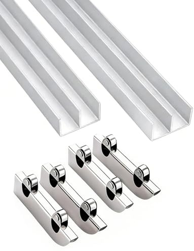 Doppel-Schiebetürschienen-Set für Glasschrank, Nutschiene aus Aluminiumlegierung mit Rollen, passend für 0,3–0,5 cm Glasscheiben, 140 cm Länge