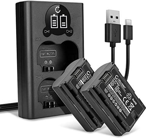CELLONIC, Battery for Camera, compatible with Fuji FujiFilm NP-W235, X-T4, GFX, X-T5, 50S II (7.4V, 2000mAh) 2 Pieces + Dual Charger