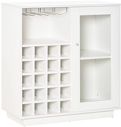 HOMCOM Aparador de Cocina con Botellero para 20 Botellas Armario Auxiliar con 1 Puerta de Cristal Estantes y Soporte de Copas de Vino para Comedor Bar 80x36x85 cm Blanco