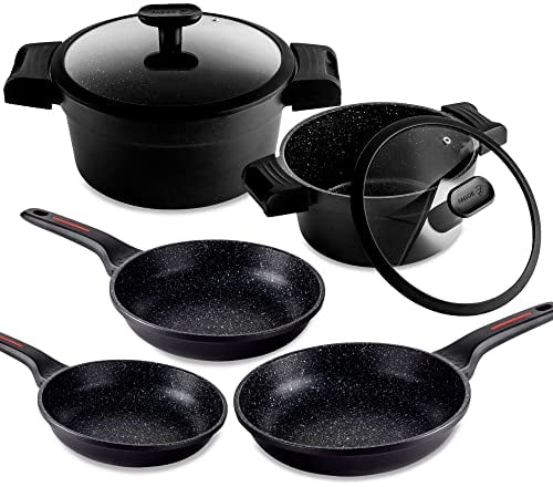 Fagor Alutherm Batería Cocina Inducción 7 Piezas Set 2 Cazuelas 20-24 cm, 2 Tapas Cristal, 3 Sartenes 18-20-24 cm, Aluminio Fundido, Antiadherente Ecológico sin PFOA, Apta Todas Las Cocinas