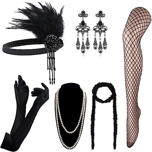 DRESHOW Damen 1920er Accessoires Set Flapper Kostüm Gatsby Feder Lange Halskette Handschuhe Stirnband Funkelnde Ohrringe