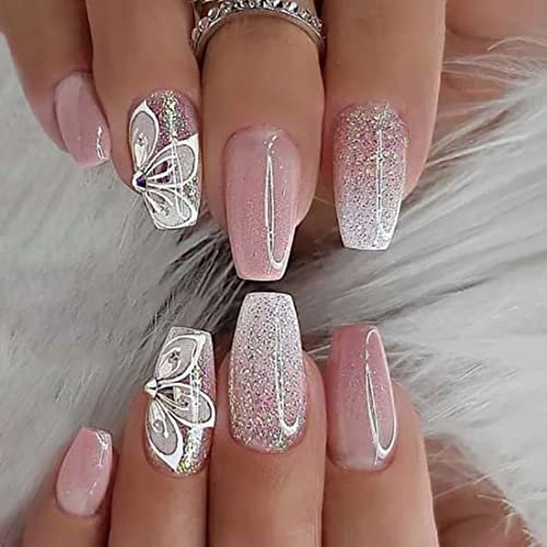 JUSTUSNX 24pcs carré français faux ongles rose bleu dégradé faux ongles brillant Daisy fleur papillon Crystal presse sur les ongles pour les femmes et les filles (C)