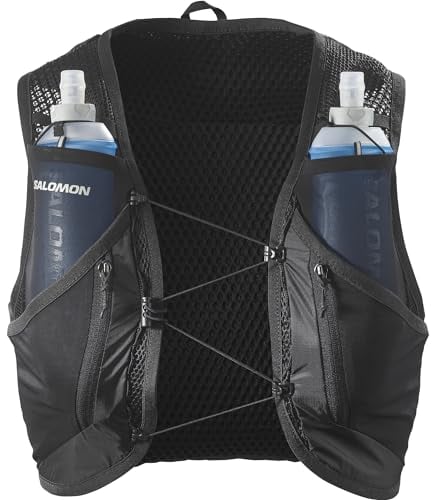Salomon Active Skin 12 unisex Hydrationsweste Trail running Wandern MTB mit Hydrationsflaschen, Einfache Flüssigkeitszufuhr, Präzise Passform, Optimierte Verstaumöglichkeiten, Schwarz, S