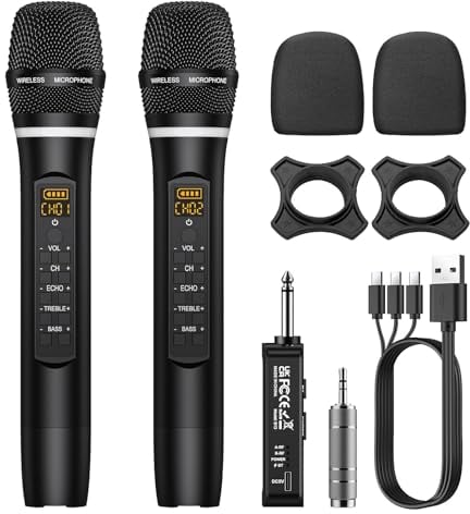 PROZOR Wireless Microphones - Rechargeable Handheld Microphone UHF Cordless Receiver Karaoke Mic System Support Volume Treble Bass Echo Control for Karaoke Wedding DJ Party Speech Church