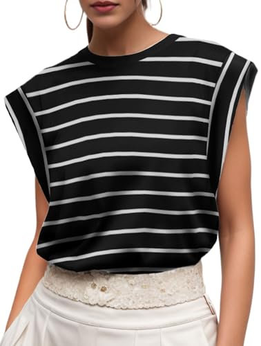 GRECERELLE Womens Cotton T Shirts Cap Sleeves Stripe Loose Fit Basic Ladies Tops for Casual Comfort Soft Crew Neck Summer Tees (Black White Stripe, L)