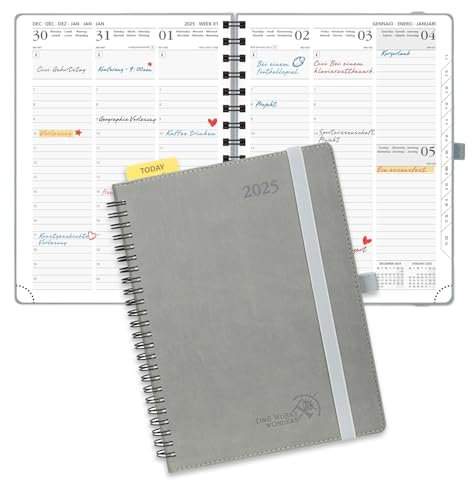 POPRUN Kalender 2025 Wochenplaner Ringbuch mit Softcover, ca. A5 (22 x 16,5 cm), 12-Monate-Terminplaner (Jan.2025-Dez.2025) 1 Woche 2 Seite mit 100 GSM Zertifiziertem Papier - Grau