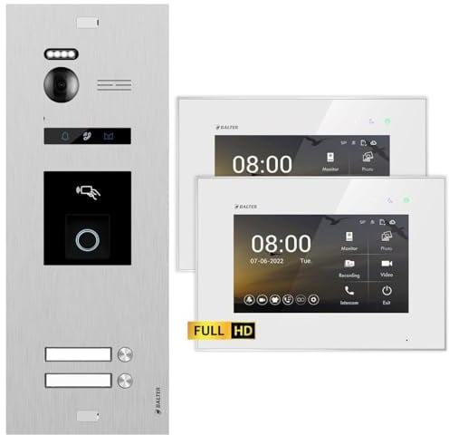 Balter EVO HD Silber/Weiß Video Türsprechanlage mit Fingerprint Set für 2 Familienhaus (1x Türstation mit Full HD-Kamera, 2X 7 Zoll Monitor, 2-Draht Bus, RFID, 175° Weitwinkel)