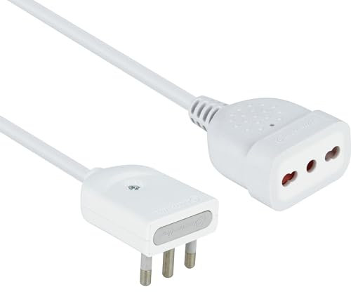 Electraline 46024 Mini Prolunga domestica Salvaspazio con Spina Piatta 16A, Presa Bivalente 10/16A, Lunghezza 50cm, Cavo H05VV-F 3G1, Bianca