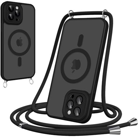 Woijrly Magnetische Handyband mit Band für iPhone 15 Pro Max Hülle - Necklace HandyHülle Durchscheinende mit Kameraschutz, justierbarer und Abnehmbarer Kette, Crossbody Magnet Clear Cover, Schwarz