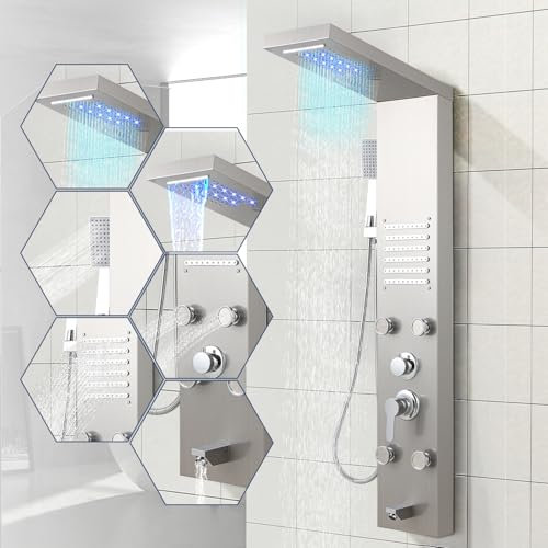 ISOISL Duschpaneel mit Armatur, Edelstahl Duschpaneel 5 Funktionen mit LED Regen&Wasserfall Dusche、Handbrause、Massagedüsen und Wanneneinlauf Duschpaneel Duschsäule