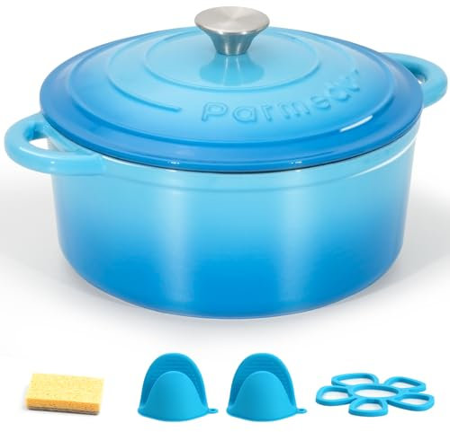 Parmedu Schmortopf aus emailliertem Gusseisen, 5,5 l Topf mit Deckel, Doppelgriff, robustes Kochgeschirr zum Schmoren, Eintöpfe, Braten, Brotbacken, Blau
