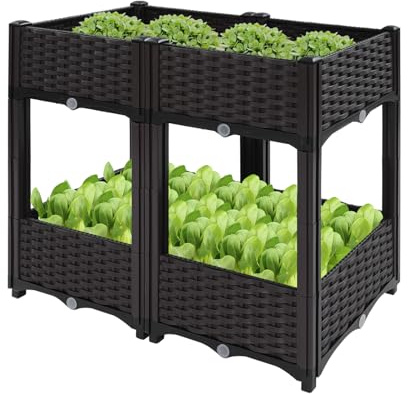 Hochbeete Erhöhte Pflanzer Garten Box, 2 Etagen Blumenkasten Stehende Pflanzbeete für den Außenbereich Garten mit Ablauföffnung