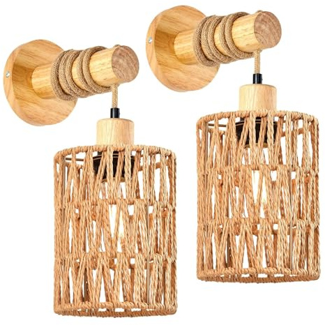 WMDMJT Aplique Rattan Boho, Lámpara de Pared Colgante Mimbre, Lámpara Laternas Madera Rústica, Set de 2 para Dormitorio, Sala Estar, Pasillo, Entrada, Decoración Granja,A