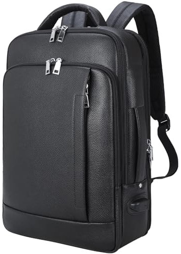 TIDING Leather 15.6 Laptop Backpack for Men Business Work Bag Expandable Travel Rucksack Large Daypacks with USB Charging Port, Black