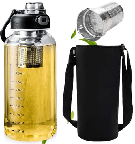 Bouteille D'eau En Verre Borosilicate Avec Filtre, Grosse Gourde Verre Borosilicaté, 1.5L Bouteille À Thé Avec Passoire, Avec Filtre Et Couvercle, Anti Fuite Sans Bpa, Réutilisable Pour Boissons Jus
