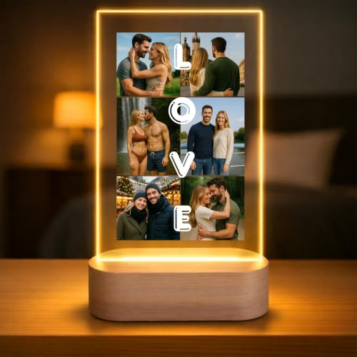 Lampada personalizzata con 6 foto - Regalo originale con luce LED su lastra in acrilico e base in legno USB - Personalizzazione immagini per coppia, famiglia o amici, decorazione luminosa