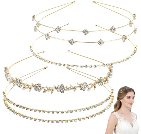 Andibro Lot de 4 bandeaux à cheveux en strass pour femme - Diadème en cristal - Couronne en métal - Pour femme - Pour bal de fin d'année et fête - Doré