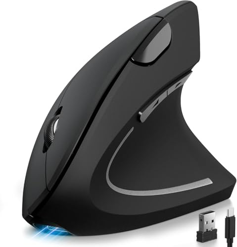 Lhome 2.4G Wireless Vertical Mouse, Rechargeable Ergonomic Optical Mice: 3 Adjustable DPI 800/1200/1600 Levels 6 Buttons, for Laptop, PC, Computer, Desktop, Notebook etc, Black