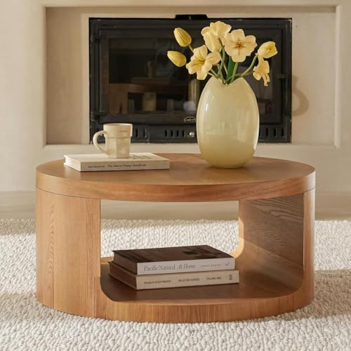 Cagnolier Couchtisch Rund, Wohnzimmertisch Rund Holz mit Großem Stauraum, 2-Tier-Kreis Wood Runder Coffee Table, Modern Farmhouse Möbel für Wohnzimmer Schlafzimmer, Ø78.5x36.5cm Couchtisch (Holzfarbe)
