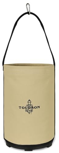 Waxed Canvas Tool Bucket with Plastic Bottom & Drain Holes Tool Tote Bag | Heavy Duty, Large Capacity, Foldable Design, with Snap Hook for Hanging, for Gardening, Carpentry, Electrical Work