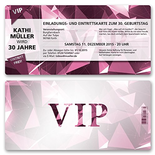 (20 x) Einladungskarten Geburtstag VIP Party Edel Pink Lila Ticket Einladungen