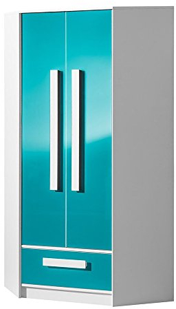 Furniture24 Eckkleiderschrank GULIVER 02 Eckschrank Schrank Kinedzimmer Jugendzimmerschrank mit 2 Türen und Schublade (Weiß/Türkis Hochglanz)