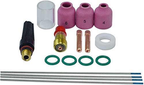 RIVERWELD TIG Stubby Gas Lens 17GL116 10N23S 1.6mm, Ceramic Cups 53N Glass Cup Clear Nozzle #10 16.0mm 2% Lanthanated Tungsten Electrode for SR WP 17 18 26 TIG Welding Torch 17pcs