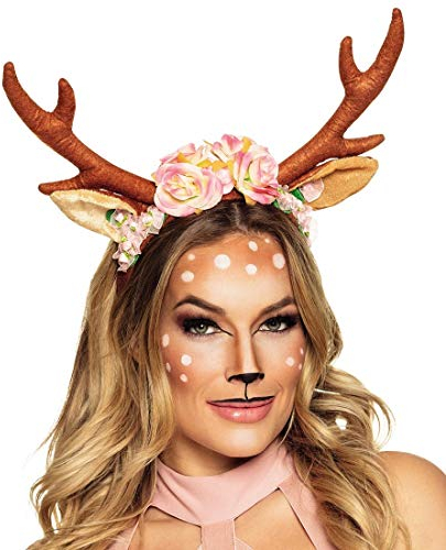 NET TOYS Zauberhafter Rentier-Haarreif mit Blumen - Braun-Rosa - Märchenhafter Damen-Kopfschmuck Hirsch-Geweih mit Stoff-Blüten - EIN Highlight für Fasching & Kostümfest