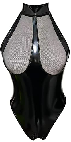 Damen Wetlook Leder Bodysuit Brust Harness PU Leder Halsband mit Kette Erotik String Body Unterwäsche Gogo Unterwäsche Clubwear mit Neckholder, Style 1, S