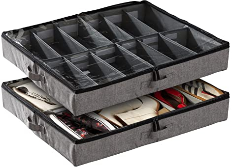storageLAB Unterbett-Schuh-Organizer, 11,4 cm hoch und passend für Betten, 12,7 cm vom Boden, verstellbare Trennwände, Unterbett-Schuhaufbewahrungslösung - 2er-Set (grau)