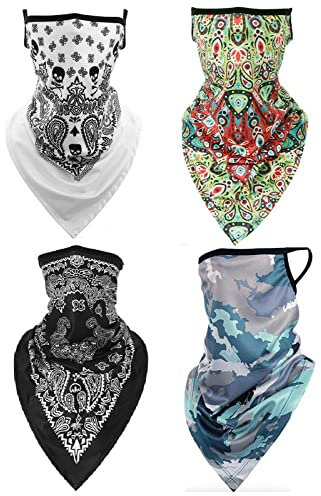 Unisex Bandana Gesichtsbedeckungsmaske Schal Gesicht Rave Sturmhaube Halsmanschette mit Ohrschlaufen, Staubtuch, waschbar, Wind Motorradabdeckung für Frauen/Männer (Viererpack - 1)