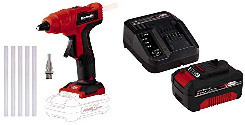 Einhell Pistola Incollatrice a Batteria TE-Cg 18 Li-Solo Power X-Change, Li-Ion, 18 V, Max. 170 °C + Power-X-Change Starter Kit, Caricabatteria e Batteria da 4000 mAh Li-Ion, Nero, Rosso
