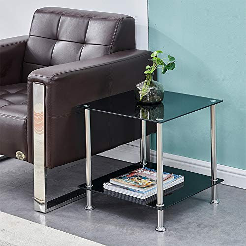 BonChoice 2-Tier Square End Table Black Glass Side Coffee Tables with Stainless Steel Legs, Storage Shelf for Living Room, Display Table for Small Space, 45×45×45.7cm (Square-Black)