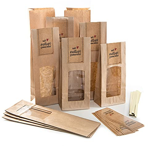 Logbuch-Verlag 25 Blockbodenbeutel mit Fenster + Aufkleber Mit Liebe selbstgemacht - Verpackung für Kekse Plätzchen Nudeln 8,5 x 26,5 x 5 cm