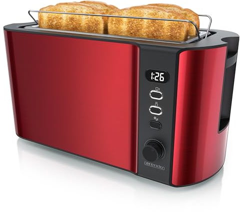 Arendo - Grille pain 2 larges fentes 4 tranches écran digital - Grille-pain automatique 3en1-1500W - 6 niveaux réglable décongélation réchauffe viennoiseries plateau à miettes -Toaster rouge carmin
