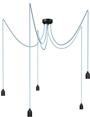 Relight Pendelleuchte 5-flammig Kraken (höhenverstellbar), E27 Lampenfassungen aus Bakelit, 5x 1.5 Meter Textilkabel Hellblau