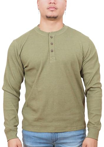 Enzo Moretti Mens Thermal Top Long Sleeve T-Shirt Henley Cotton Rich Waffle Knit Work Casual Olive, L