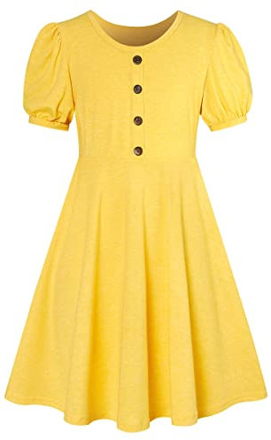 SFreeBo Dresses for Girls 11-12years Casual Girls Party Dress Little Girl Yellow Dress Summer Cotton Casual Lantern Short Sleeve T-Shirt Dresses