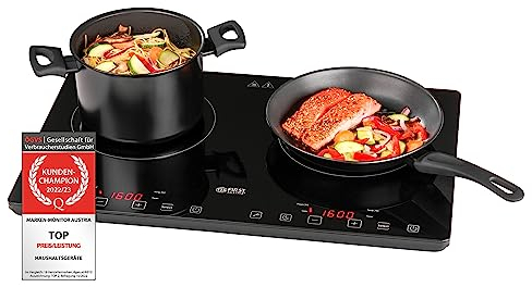 TZS First Austria Induktionskochfeld - Ultradünne Kochplatte 1er & 2er Kochfeld, 3400W Induktionskochplatte, 10-Leistungsstufen, Timer, Kindersicherung, TouchControl - Ideal für Studenten & Camper