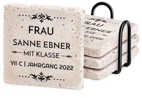 Maverton 4er Stein Untersetzer Set mit Aufdruck, Tischuntersetzer hellgrau | Tischuntersetzer aus Sandstein mit schwarzem Metallständer, Tischdeko für Frauen, Wohnungszubehör, quadratisch