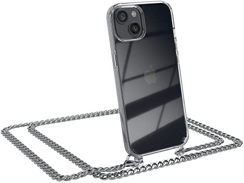 EAZY CASE Handykette kompatibel mit iPhone 13 Handyhülle mit Metall Umhängeband und Ersatz Kordel schwarz, Handykordel mit Schutzhülle, Stylische Kette, Metall - Silber