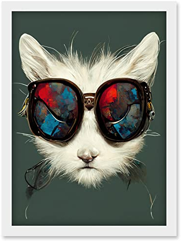 Doppelganger33 LTD White Cat Head With Aviator Sunglasses Painting Artwork Framed Wall Art Print A4