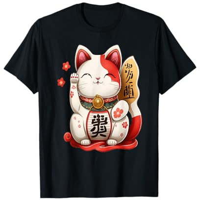 YOKONSAI Japanischer Maneki-neko Glücksbringer Winkekatze Manekineko T-Shirt, Unisex-Erwachsene, Kinder, Schwarz, S, Kurzarm, Klassisch, Cartoon, Mandarinkragen, Pullover, 1 Count