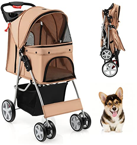 GYMAX Haustierwagen, zusammenklappbarer Katzen-/Hundebuggy mit Aufbewahrungskorb, Getränkehaltern & Netzfenster, Reisewagen mit 4 Rädern für kleine Haustiere (Beige)